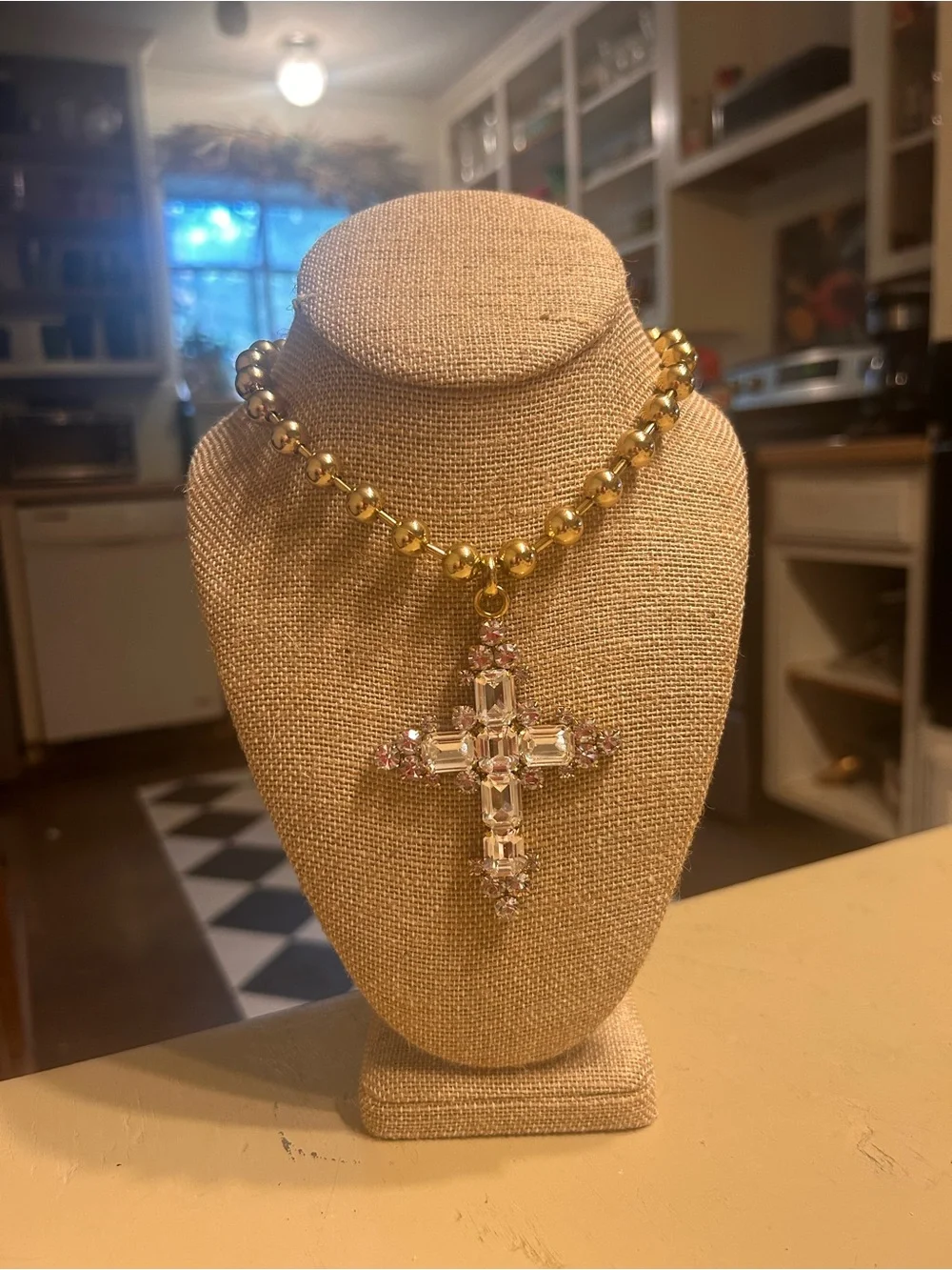 TOVA Ashley cross Gold Bead Necklace  Crystal Cross Pendant